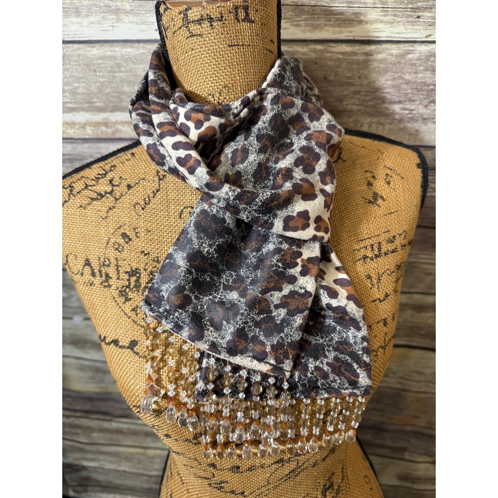 Leopard Print Beaded Fringe Scarf Metallic Animal Print Skinny Wrap Brown Gold